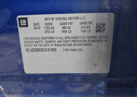 2012 Chevrolet Sonic 2Lt z USA, uszkodzony, nr VIN 1G1JC5SH0C4191968